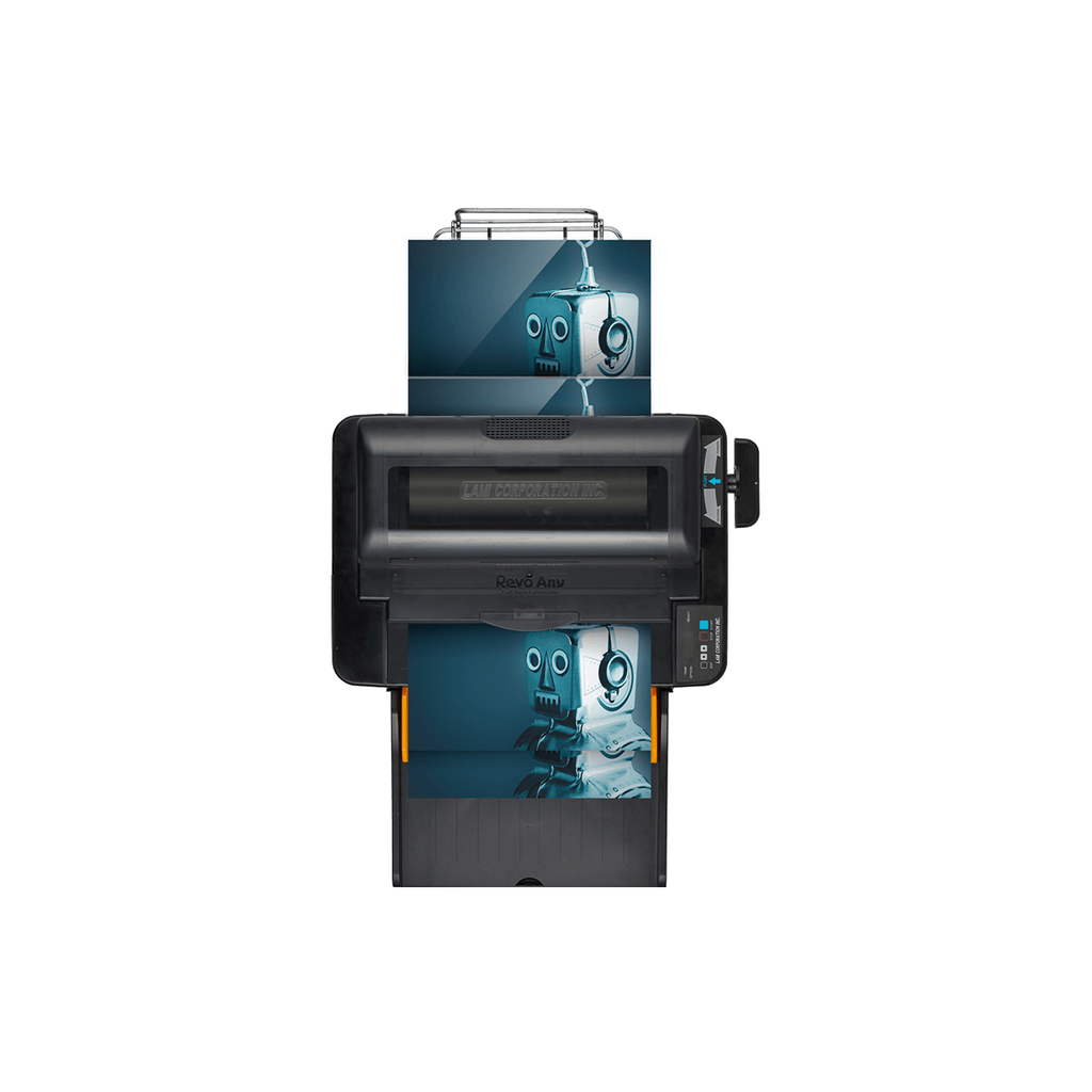 Revo Any laminating a printed sheet, feed and output trays loaded