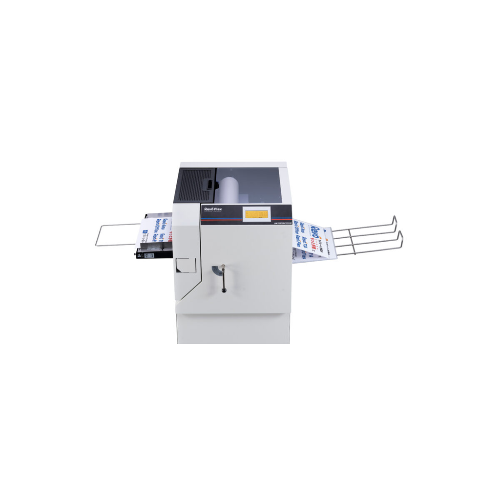 Revo Flex front view with feed and output trays loaded with laminated sheets