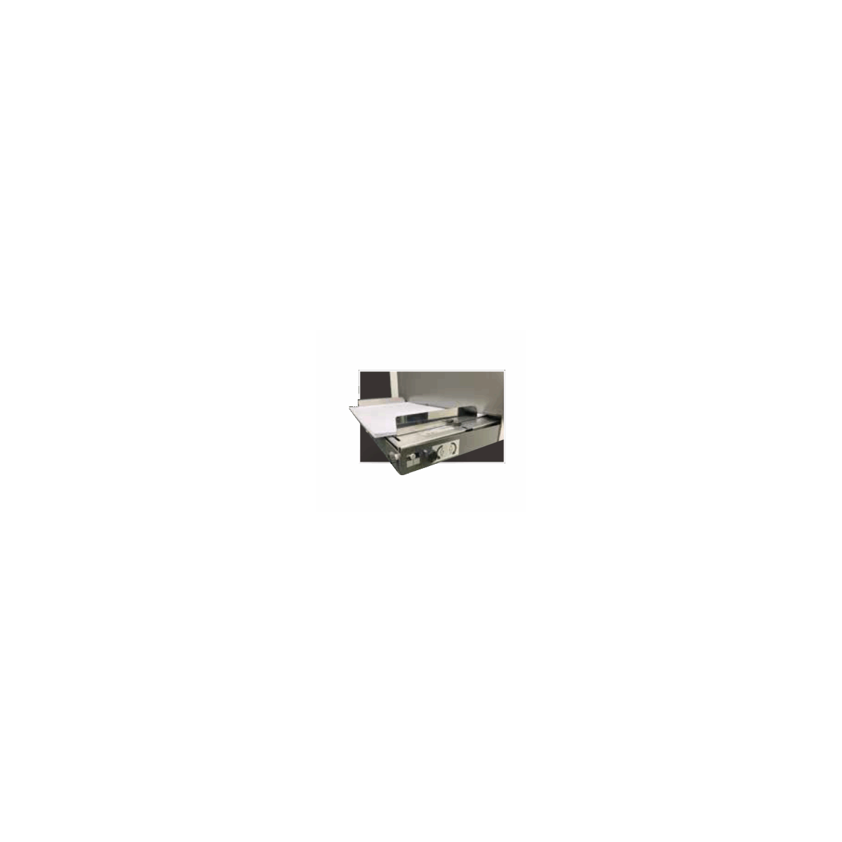 Revo Flex output tray detail with a flush-cut trimmed sheet