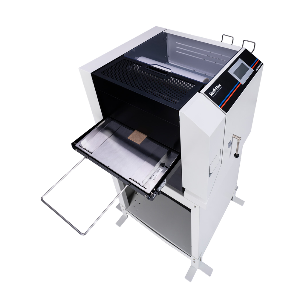 Revo Flex fully automatic laminator with four-side trimming, feed tray extended