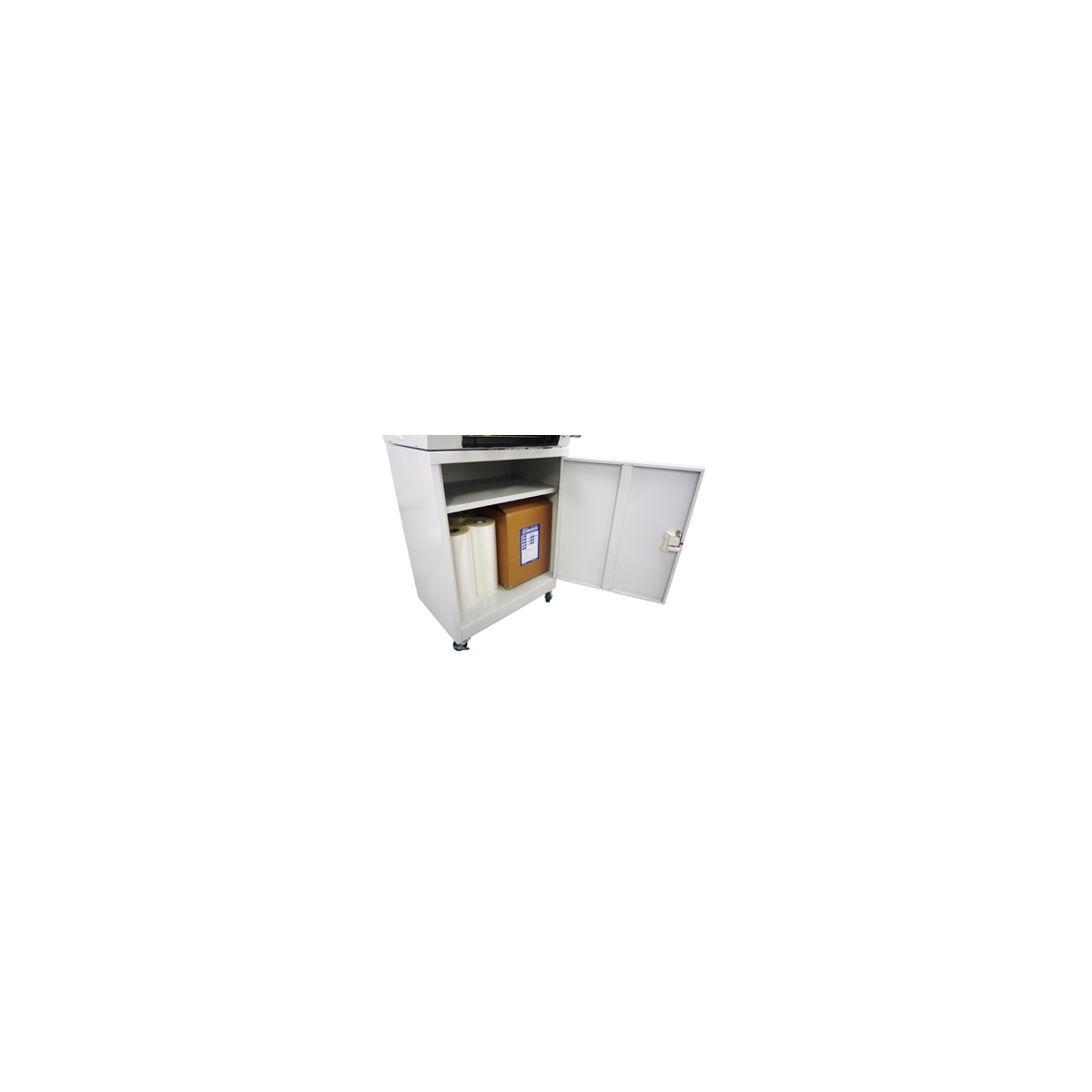 Revo cabinet stand with hinged door open showing film storage